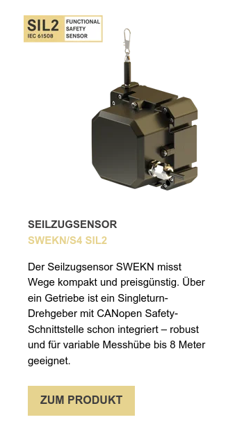 SEILZUGSENSOR SWEKN/S4 SIL2   Der Seilzugsensor SWEKN misst Wege kompakt und preisgünstig. Über ein Getriebe ist ein Singleturn-Drehgeber mit CANopen Safety-Schnittstelle schon integriert – robust und für variable Messhübe bis 8 Meter geeignet. 
