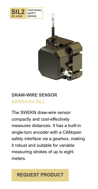 DRAW-WIRE SENSOR SWEKN/S4 SIL2   The SWEKN draw-wire sensor compactly and cost-effectively measures distances. It has a built-in single-turn encoder with a CANopen safety interface via a gearbox, making it robust and suitable for variable measuring strokes of up to eight meters. 