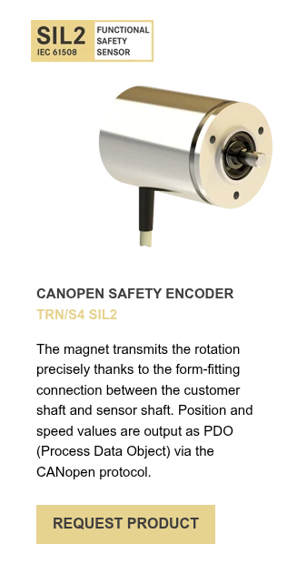 CANOPEN SAFETY ENCODER TRN/S4 SIL2   The magnet transmits the rotation precisely thanks to the form-fitting connection between the customer shaft and sensor shaft. Position and speed values are output as PDO (Process Data Object) via the CANopen protocol.