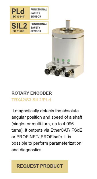 ROTARY ENCODER TRX42/S3 SIL2/PLd   It magnetically detects the absolute angular position and speed of a shaft (single- or multi-turn, up to 4,096 turns). It outputs via EtherCAT/ FSoE or PROFINET/ PROFIsafe. It is possible to perform parameterization and diagnostics.