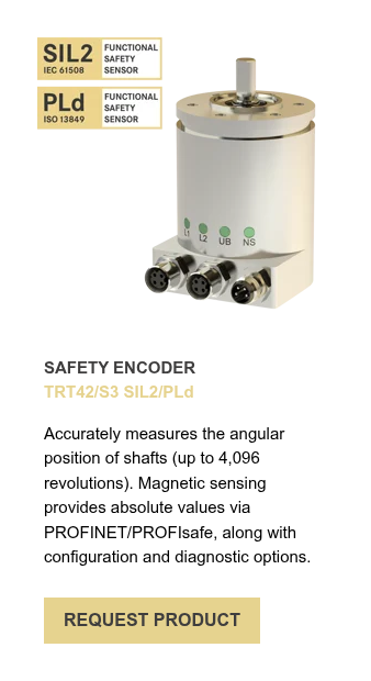 SAFETY ENCODER TRT42/S3 SIL2/PLd &nbsp; Accurately measures the angular position of shafts (up to 4,096 revolutions). Magnetic sensing provides absolute values via PROFINET/PROFIsafe, along with configuration and diagnostic options.