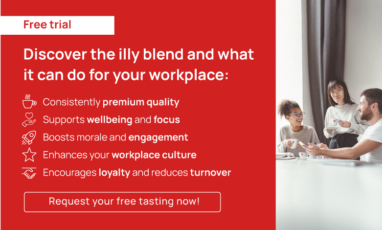 illy coffee free trial ad highlighting workplace benefits, with people chatting over coffee.