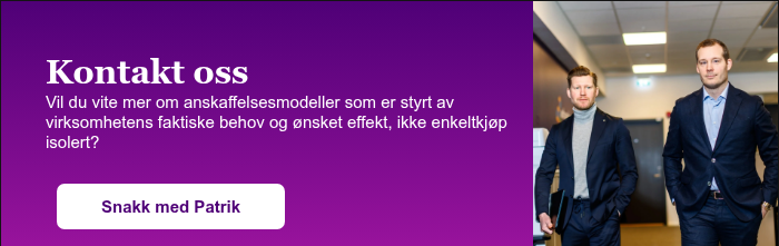   Kontakt oss Vil du vite mer om anskaffelsesmodeller som er styrt av virksomhetens faktiske behov og ønsket effekt, ikke enkeltkjøp isolert?  