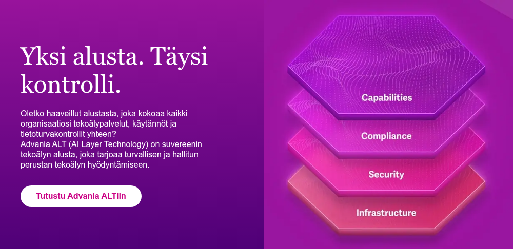 Yksi alusta. Täysi kontrolli. &nbsp; Oletko haaveillut alustasta, joka kokoaa kaikki organisaatiosi tekoälypalvelut, käytännöt ja tietoturvakontrollit yhteen? Advania ALT (AI Layer Technology) on suvereenin tekoälyn alusta, joka tarjoaa turvallisen ja hallitun perustan tekoälyn hyödyntämiseen.&nbsp;
