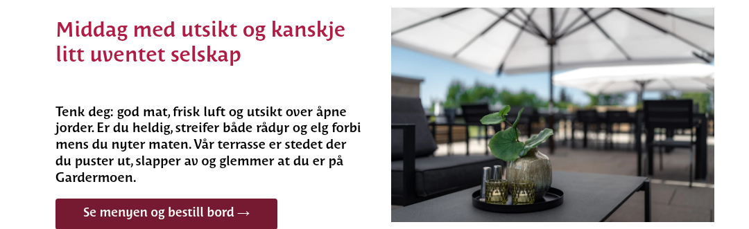 &nbsp; Middag med utsikt og kanskje litt uventet selskap &nbsp; &nbsp; Tenk deg: god mat, frisk luft og utsikt over åpne jorder. Er du heldig, streifer både rådyr og elg forbi mens du nyter maten. Vår terrasse er stedet der du puster ut, slapper av og glemmer at du er på Gardermoen.&nbsp; &nbsp;