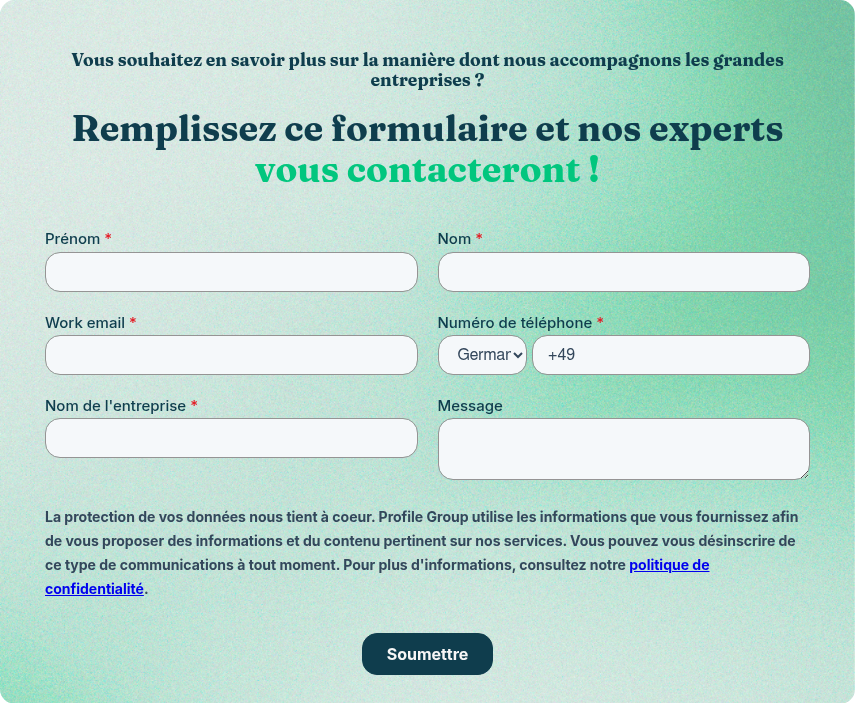 Vous souhaitez en savoir plus sur la manière dont nous accompagnons les grandes entreprises ? &nbsp; Remplissez ce formulaire et nos experts vous contacteront !