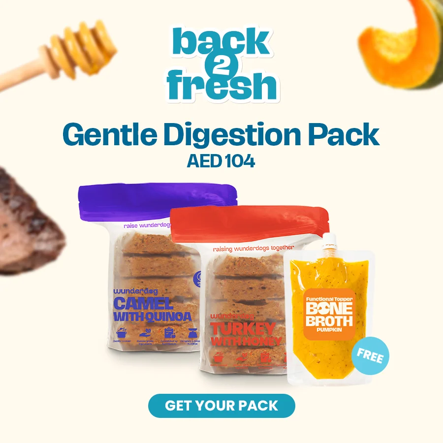 Wunderdog Gentle Digestion Pack with soothing recipes and pumpkin to ease sensitive stomachs and post-travel recovery