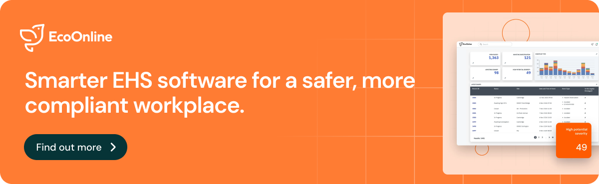 Orange rectangular banner leading to the EcoOnline EHS software web page