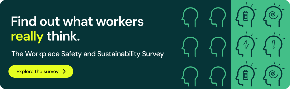 A green illustrated banner leading to a download page for the workplace safety and sustainability report.