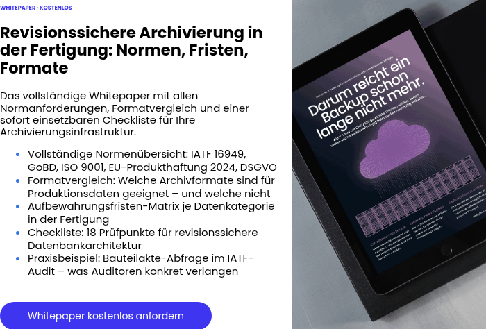 WHITEPAPER · KOSTENLOS &nbsp; Revisionssichere Archivierung in der Fertigung: Normen, Fristen, Formate &nbsp; Das vollständige Whitepaper mit allen Normanforderungen, Formatvergleich und einer sofort einsetzbaren Checkliste für Ihre Archivierungsinfrastruktur. Vollständige Normenübersicht: IATF 16949, GoBD, ISO 9001, EU-Produkthaftung 2024, DSGVO Formatvergleich: Welche Archivformate sind für Produktionsdaten geeignet – und welche nicht Aufbewahrungsfristen-Matrix je Datenkategorie in der Fertigung Checkliste: 18 Prüfpunkte für revisionssichere Datenbankarchitektur Praxisbeispiel: Bauteilakte-Abfrage im IATF-Audit – was Auditoren konkret verlangen