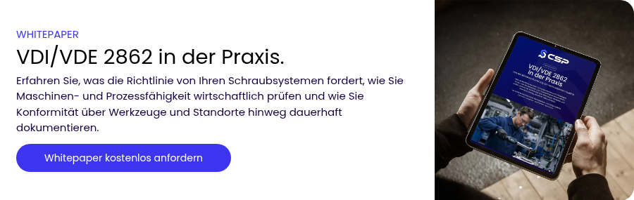 WHITEPAPER VDI/VDE 2862 in der Praxis. Erfahren Sie, was die Richtlinie von Ihren Schraubsystemen fordert, wie Sie Maschinen- und Prozessfähigkeit wirtschaftlich prüfen und wie Sie Konformität über Werkzeuge und Standorte hinweg dauerhaft dokumentieren.