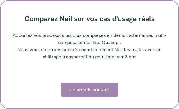 Comparez Neil sur vos cas d'usage réels &nbsp; Apportez vos processus les plus complexes en démo : alternance, multi-campus, conformité Qualiopi. Nous vous montrons concrètement comment Neil les traite, avec un chiffrage transparent du coût total sur 3 ans &nbsp; &nbsp; &nbsp;