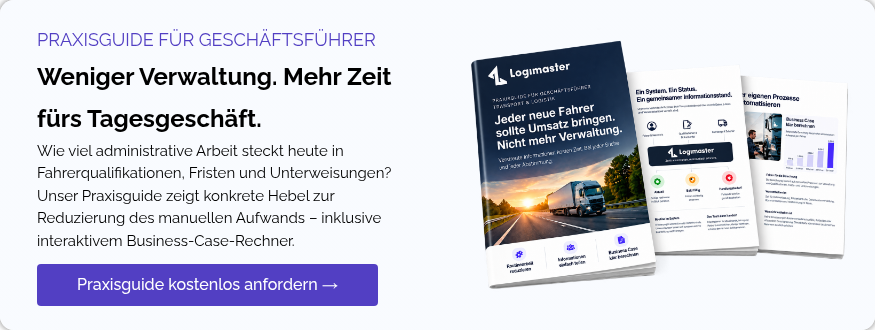 PRAXISGUIDE F&Uuml;R GESCH&Auml;FTSF&Uuml;HRER Weniger Verwaltung. Mehr Zeit f&uuml;rs Tagesgesch&auml;ft. Wie viel administrative Arbeit steckt heute in Fahrerqualifikationen, Fristen und Unterweisungen? Unser Praxisguide zeigt konkrete Hebel zur Reduzierung des manuellen Aufwands &ndash; inklusive interaktivem Business-Case-Rechner.