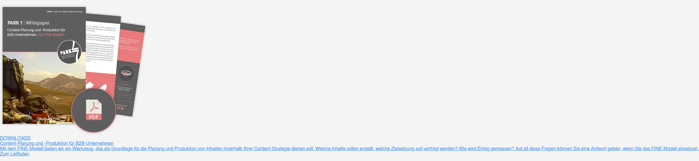 Downloads  Content-Planung und -Produktion für B2B-Unternehmen  Mit dem FINE-Modell bieten wir ein Werkzeug, das als Grundlage für die Planung  und Produktion von Inhalten innerhalb Ihrer Content-Strategie dienen soll:  Welche Inhalte sollen erstellt, welche Zielsetzung soll verfolgt werden? Wie  wird Erfolg gemessen? Auf all diese Fragen können Sie eine Antwort geben, wenn  Sie das FINE-Modell einsetzen.  Zum Leitfaden