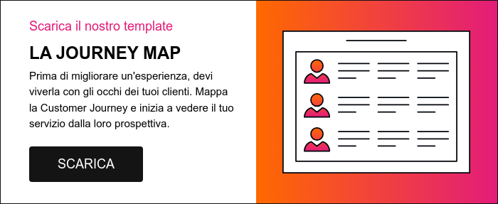 Scarica il nostro template LA JOURNEY MAP Prima di migliorare un'esperienza, devi viverla con gli occhi dei tuoi clienti. Mappa la Customer Journey e inizia a vedere il tuo servizio dalla loro prospettiva.