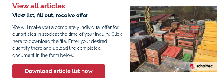 View all articles View list, fill out, receive offer &nbsp; We will make you a completely individual offer for our articles in stock at the time of your inquiry. Click here to download the file. Enter your desired quantity there and upload the completed document in the form below. &nbsp;