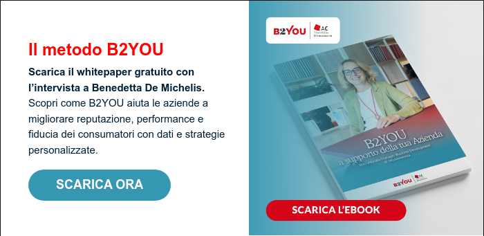 Il metodo B2YOU Scarica il whitepaper gratuito con l’intervista a Benedetta De Michelis. Scopri come B2YOU aiuta le aziende a migliorare reputazione, performance e fiducia dei consumatori con dati e strategie personalizzate.  