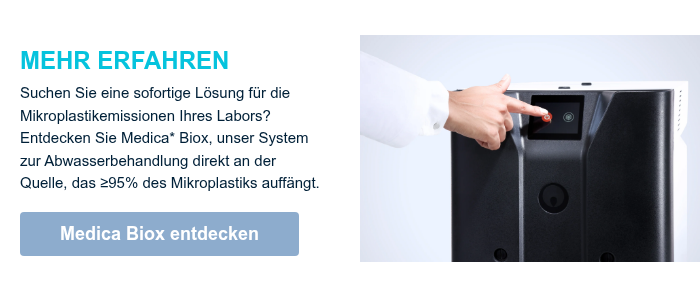 MEHR ERFAHREN Suchen Sie eine sofortige Lösung für die Mikroplastikemissionen Ihres Labors? Entdecken Sie Medica* Biox, unser System zur Abwasserbehandlung&nbsp;direkt an der Quelle, das ≥95% des Mikroplastiks auffängt. &nbsp;