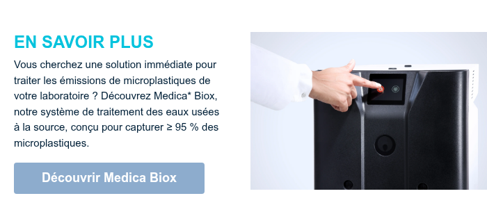 EN SAVOIR PLUS Vous cherchez une solution immédiate pour traiter les émissions de microplastiques de votre laboratoire ? Découvrez Medica* Biox, notre système de traitement des eaux usées à la source, conçu pour capturer ≥ 95 % des microplastiques. &nbsp;