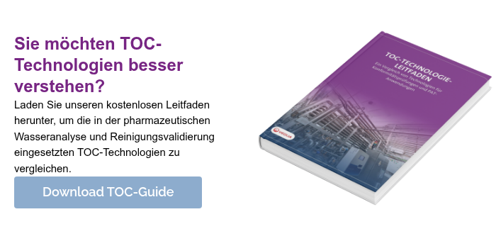 Sie möchten TOC-Technologien besser verstehen? Laden Sie unseren kostenlosen Leitfaden herunter, um die in der pharmazeutischen Wasseranalyse und Reinigungsvalidierung eingesetzten TOC-Technologien zu vergleichen.