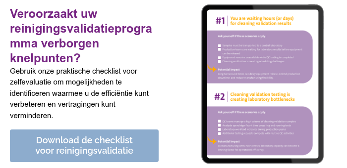 Veroorzaakt uw reinigingsvalidatieprogramma verborgen knelpunten?&nbsp; Gebruik onze praktische checklist voor zelfevaluatie om mogelijkheden te identificeren waarmee u de efficiëntie kunt verbeteren en vertragingen kunt verminderen. &nbsp;