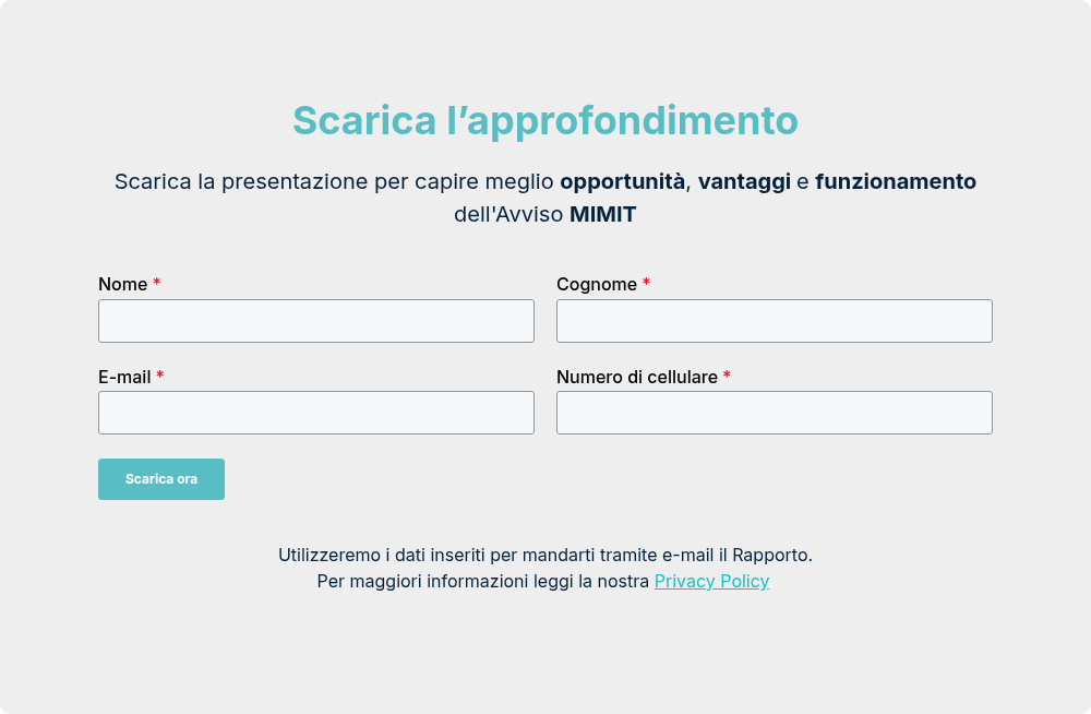 Utilizzeremo i dati inseriti per mandarti tramite e-mail il Rapporto. Per maggiori informazioni leggi la nostra Privacy Policy.
