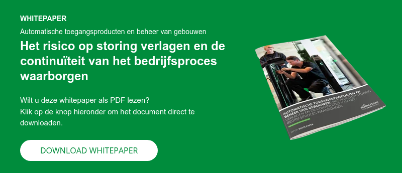 WHITEPAPER Automatische toegangsproducten en beheer van gebouwen Het risico op storing verlagen en de continuïteit van het bedrijfsproces waarborgen   Wilt u deze whitepaper als PDF lezen? Klik op de knop hieronder om het document direct te downloaden.  