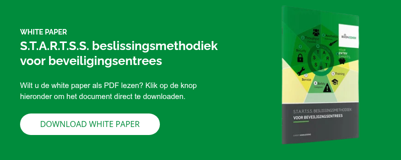 WHITE PAPER S.T.A.R.T.S.S. beslissingsmethodiek voor beveiligingsentrees   Wilt u de white paper als PDF lezen? Klik op de knop hieronder om het document direct te downloaden.  