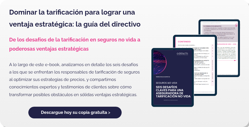 Dominar la tarificación para lograr una ventaja estratégica: la guía del directivo   De los desafíos de la tarificación en seguros no vida a poderosas ventajas estratégicas   A lo largo de este e-book, analizamos en detalle los seis desafíos a los que se enfrentan los responsables de tarificación de seguros al optimizar sus estrategias de precios, y compartimos conocimientos expertos y testimonios de clientes sobre cómo transformar posibles obstáculos en sólidas ventajas estratégicas.  