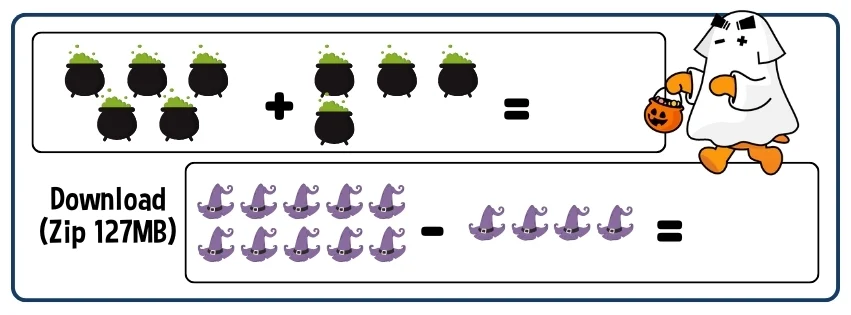 Halloween sums worksheep example with Download button