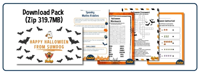 Sumdog Halloween Pack Download button, with images of the happy halloween banner, maths riddles, wordsearch, crossword, and subtraction worksheets.