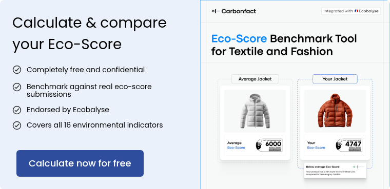 Calculate & compare your Eco-Score Completely free and&nbsp;confidential &nbsp; Benchmark against real eco-score submissions &nbsp; Endorsed by Ecobalyse &nbsp; Covers all 16 environmental&nbsp;indicators
