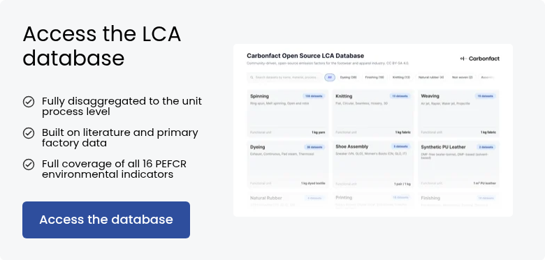 Access the&nbsp;LCA database &nbsp; Fully disaggregated to the unit process level &nbsp; Built on literature and primary factory data &nbsp; Full coverage of all 16 PEFCR environmental indicators &nbsp;