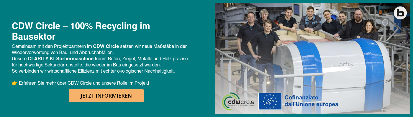 CDW Circle – 100 % Recycling im Bausektor Gemeinsam mit den Projektpartnern im CDW Circle setzen wir neue Maßstäbe in der Wiederverwertung von Bau- und Abbruchabfällen. Unsere CLARITY KI-Sortiermaschine trennt Beton, Ziegel, Metalle und Holz präzise – für hochwertige Sekundärrohstoffe, die wieder im Bau eingesetzt werden. So verbinden wir wirtschaftliche Effizienz mit echter ökologischer Nachhaltigkeit.