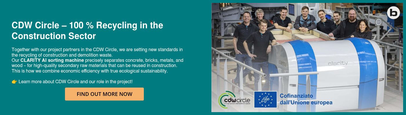 CDW Circle – 100% Recycling in the Construction Sector   Together with our project partners in the CDW Circle, we are setting new standards in the recycling of construction and demolition waste. Our CLARITY AI sorting machine precisely separates concrete, bricks, metals, and wood – for high-quality secondary raw materials that can be reused in construction. This is how we combine economic efficiency with true ecological sustainability.     �� Learn more about CDW Circle and our role in the project!