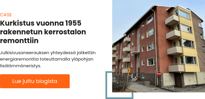 CASE Kurkistus vuonna 1955 rakennetun kerrostalon remonttiin   Julkisivusaneerauksen yhteydessä jatkettiin energiaremonttia toteuttamalla yläpohjan lisälämmöneristys.  