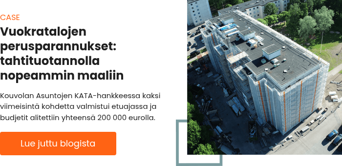 CASE Vuokratalojen perusparannukset: tahtituotannolla nopeammin maaliin &nbsp; Kouvolan Asuntojen KATA-hankkeessa kaksi viimeisintä kohdetta valmistui etuajassa ja budjetit alitettiin yhteensä 200 000 eurolla. &nbsp;
