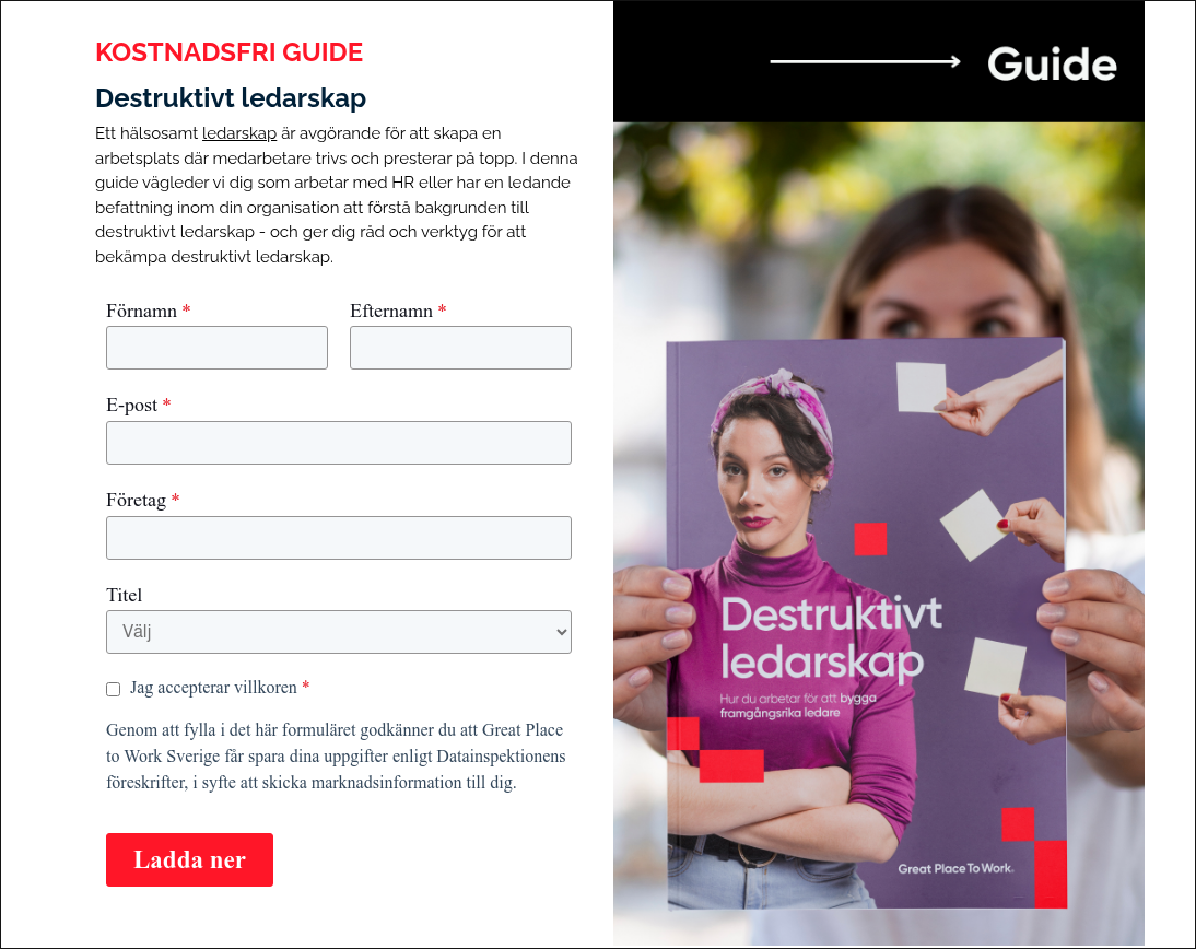 KOSTNADSFRI GUIDE Destruktivt ledarskap Ett hälsosamt ledarskap är avgörande för att skapa en arbetsplats där medarbetare trivs och presterar på topp. I denna guide vägleder vi dig som arbetar med HR eller har en ledande befattning inom din organisation att förstå bakgrunden till destruktivt ledarskap - och ger dig råd och verktyg för att bekämpa destruktivt ledarskap.  