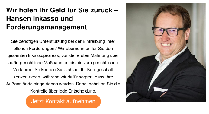 Wir holen Ihr Geld für Sie zurück – Hansen Inkasso und Forderungsmanagement &nbsp; Sie benötigen Unterstützung bei der Eintreibung Ihrer offenen Forderungen? Wir übernehmen für Sie den gesamten Inkassoprozess, von der ersten Mahnung über außergerichtliche Maßnahmen bis hin zum gerichtlichen Verfahren. So können Sie sich auf Ihr Kerngeschäft konzentrieren, während wir dafür sorgen, dass Ihre Außenstände eingetrieben werden. Dabei behalten Sie die Kontrolle über jede Entscheidung.