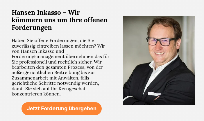 Hansen Inkasso – Wir kümmern uns um Ihre offenen Forderungen &nbsp; Haben Sie offene Forderungen, die Sie zuverlässig eintreiben lassen möchten? Wir von Hansen Inkasso und Forderungsmanagement übernehmen das für Sie professionell und rechtlich sicher. Wir bearbeiten den gesamten Prozess, von der außergerichtlichen Beitreibung bis zur Zusammenarbeit mit Anwälten, falls gerichtliche Schritte notwendig werden, damit Sie sich auf Ihr Kerngeschäft konzentrieren können.