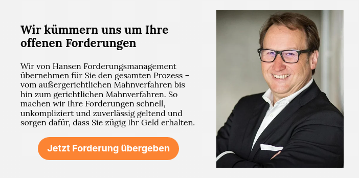 Wir kümmern uns um Ihre offenen Forderungen &nbsp; Wir von Hansen Forderungsmanagement übernehmen für Sie den gesamten Prozess – vom außergerichtlichen Mahnverfahren bis hin zum gerichtlichen Mahnverfahren. So machen wir Ihre Forderungen schnell, unkompliziert und zuverlässig geltend und sorgen dafür, dass Sie zügig Ihr Geld erhalten.
