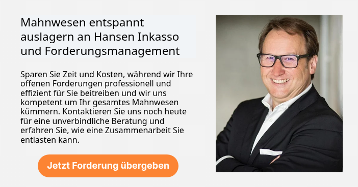 Mahnwesen entspannt auslagern an Hansen Inkasso und Forderungsmanagement &nbsp; Sparen Sie Zeit und Kosten, während wir Ihre offenen Forderungen professionell und effizient für Sie beitreiben und wir uns kompetent um Ihr gesamtes Mahnwesen kümmern. Kontaktieren Sie uns noch heute für eine unverbindliche Beratung und erfahren Sie, wie eine Zusammenarbeit Sie entlasten kann.