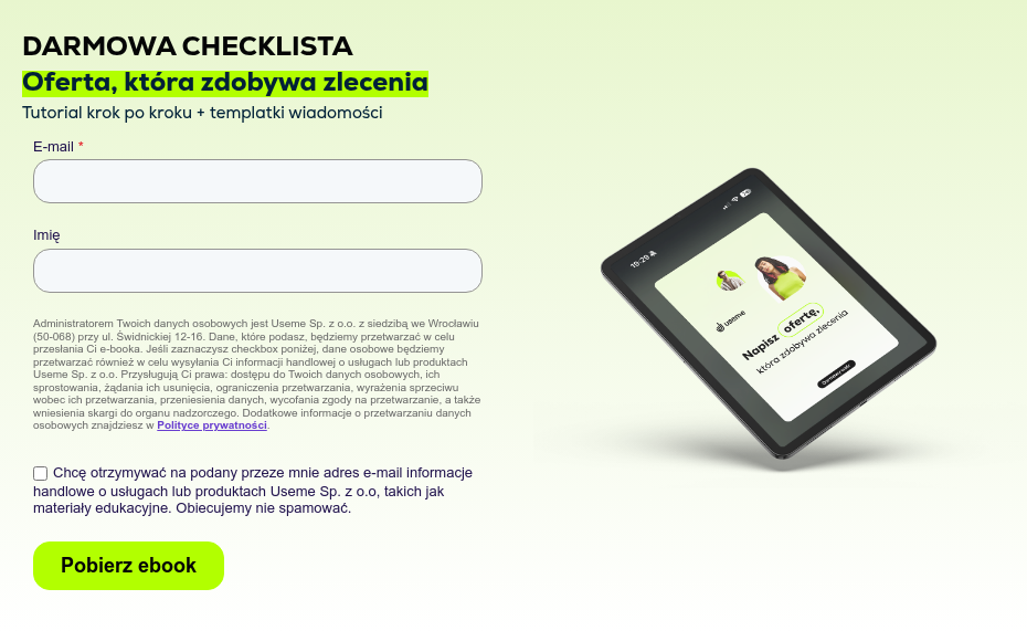 DARMOWA CHECKLISTA Oferta, która zdobywa zlecenia Tutorial krok po kroku + templatki wiadomości{{ include_custom_fonts({"Nexa":["Bardzo pogrubiona","Bardzo pogrubiona pochylona","Pogrubienie","Regularne"]}) }}