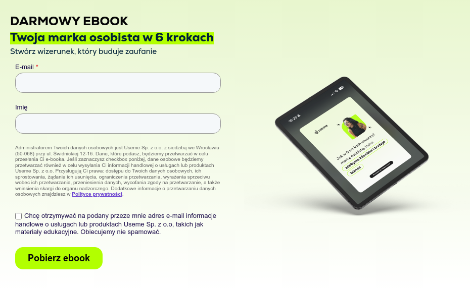 DARMOWY EBOOK Twoja marka osobista w 6 krokach Stwórz wizerunek, który buduje zaufanie{{ include_custom_fonts({"Nexa":["Bardzo pogrubiona","Bardzo pogrubiona pochylona","Pogrubienie","Regularne"]}) }}