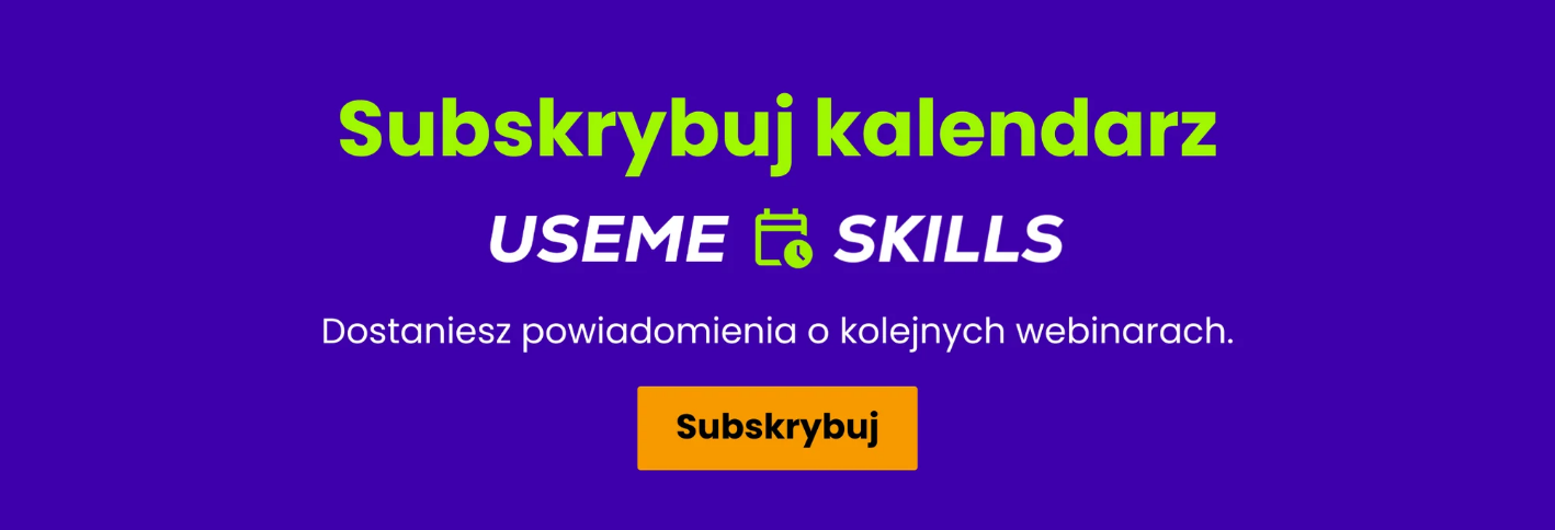 interactive 419478752489 Wojtek Woźniak o vibe codingu – jak stworzyć stronę z AI w godzinę | Useme Skills #1 Baner: Subskrybuj kalendarz Useme Skills. Dostaniesz powiadomienia o kolejnych webinarach. Przycisk: Subskrybuj.