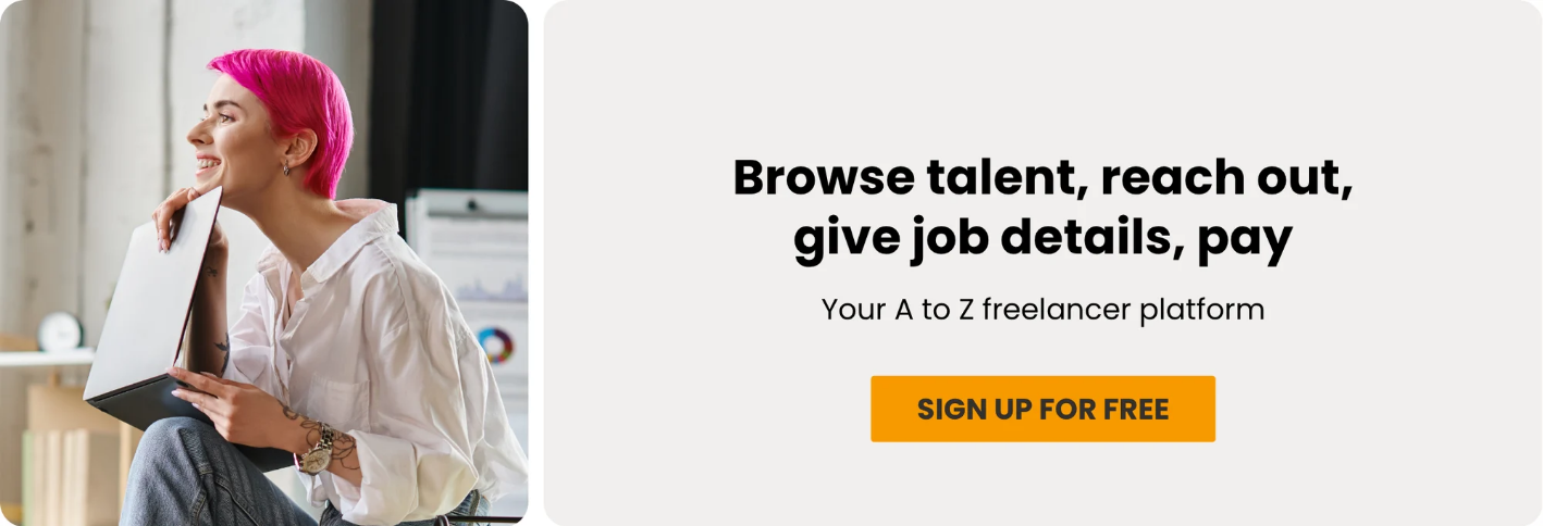 Browse talent, reach out, give job details, pay. Your A to Z freelancer platform. Sign up for free.