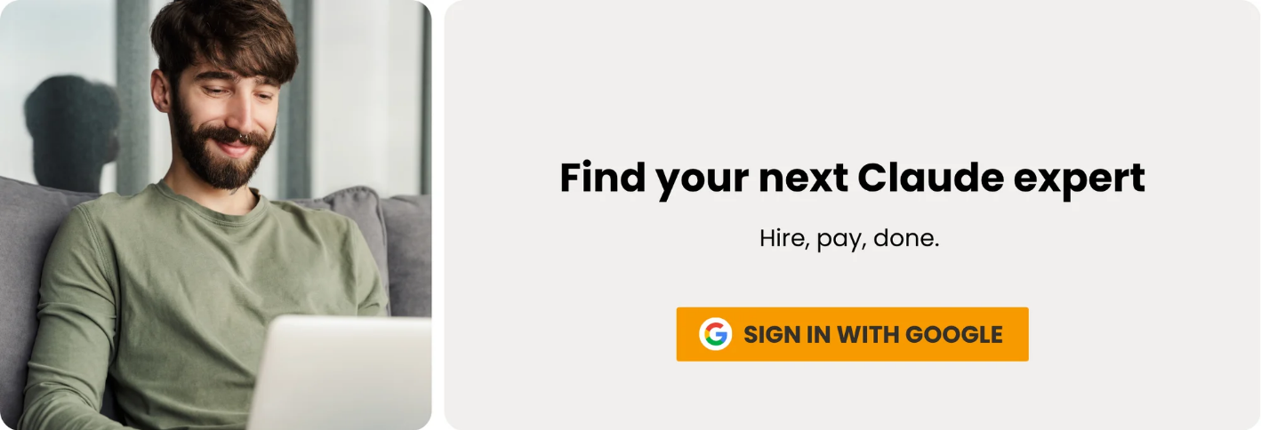 Find your next Claude expert. Hire, pay, done. Sign in with Google.