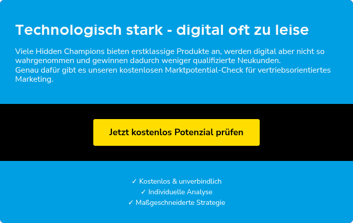 Entdeckt Euer Marktpotenzial Nutzt unseren kostenlosen Marktpotenzial-Check und erfahrt, wie Ihr Eure B2B-Marketing-Strategie optimieren könnt. Gemeinsam analysieren wir Eure Chancen und entwickeln maßgeschneiderte Lösungen.