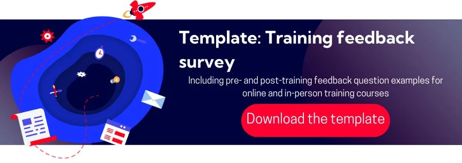 White text on a dark blue background reads 'template: training feedback survey'. The subtext reads 'including pre and post training feedback question examples for online and and in person training courses. A red button reads 'download the template'.