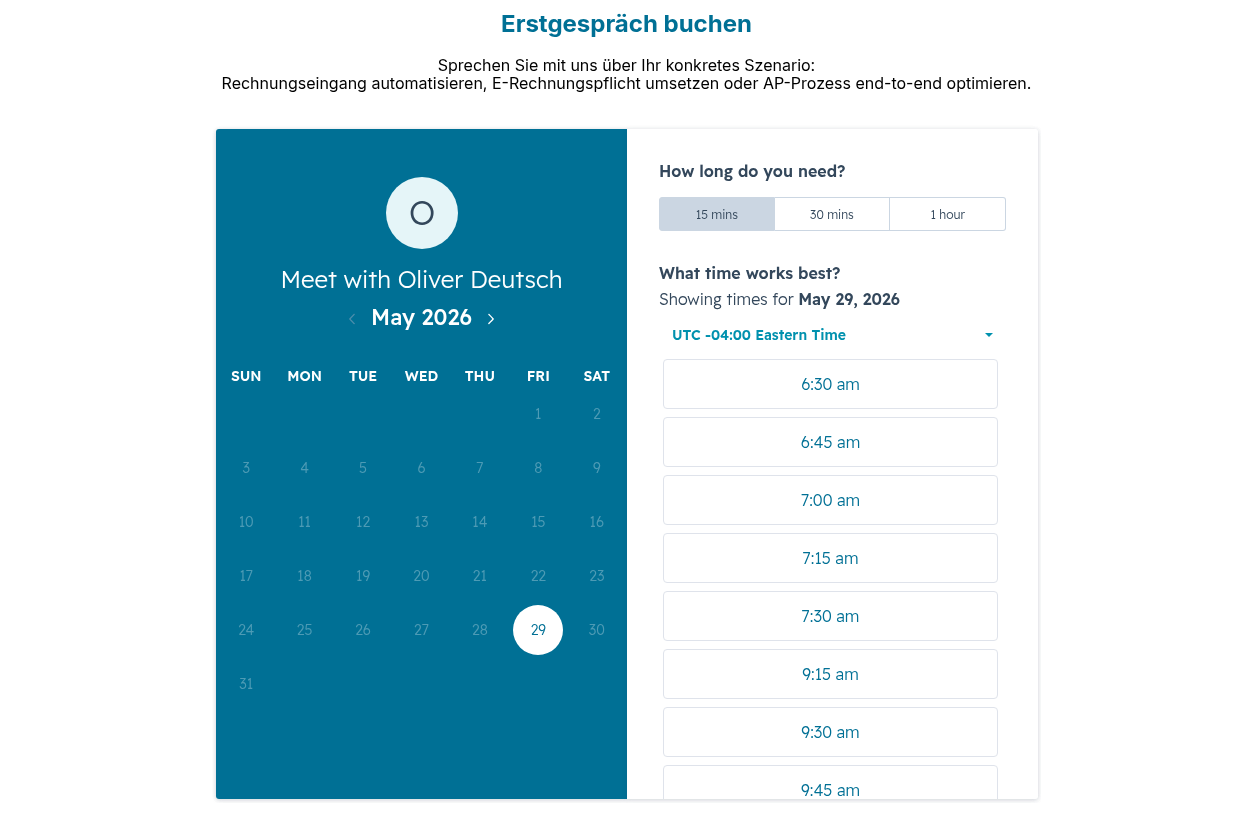 Erstgespräch buchen &nbsp; Sprechen Sie mit uns über Ihr konkretes Szenario: Rechnungseingang automatisieren, E-Rechnungspflicht umsetzen oder AP-Prozess end-to-end optimieren.